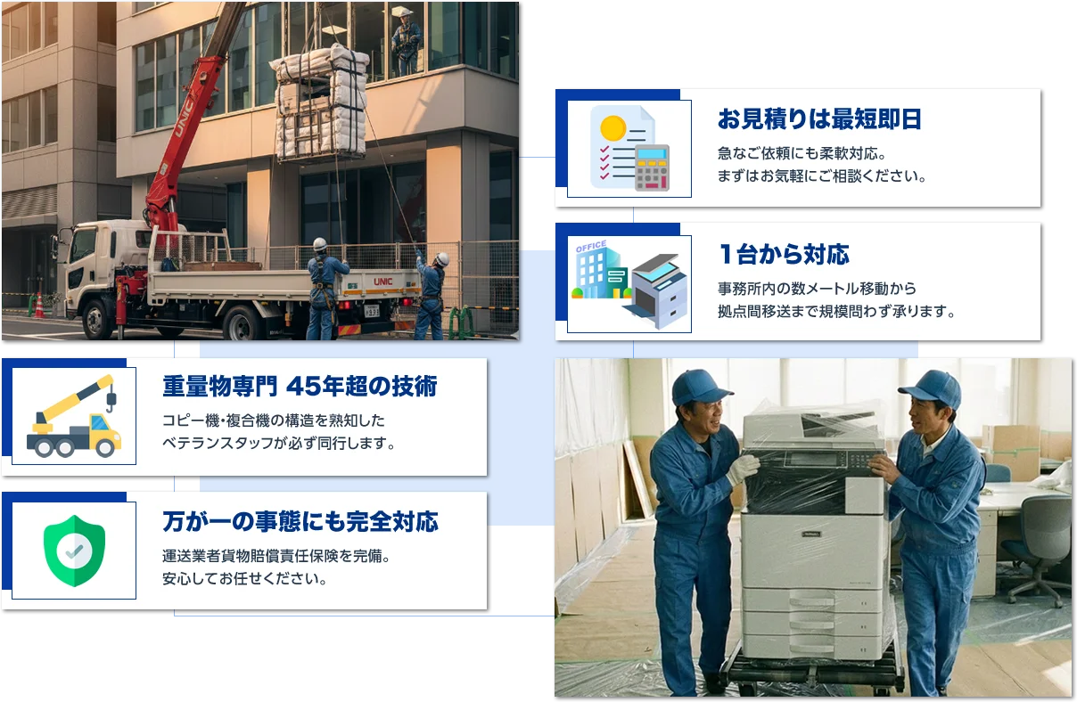 お見積りは最短即日：急なご依頼にも柔軟対応。まずはお気軽にご相談ください。
1台から対応：事務所内の数メートル移動から拠点間移送まで規模問わず承ります。
重量物専門 45年超の技術：コピー機・複合機の構造を熟知したベテランスタッフが必ず同行します。
万が一の事態にも完全対応：運送業者貨物賠償責任保険を完備。安心してお任せください。